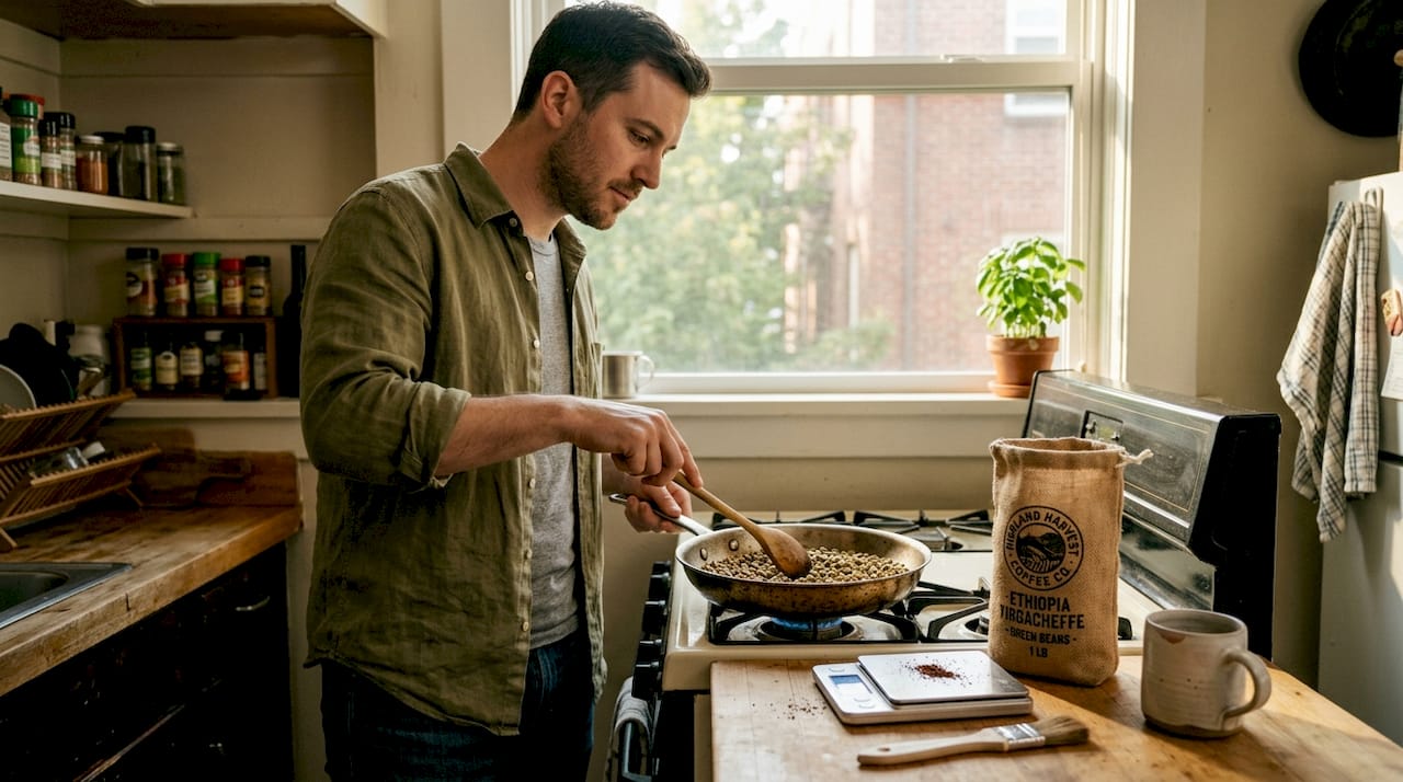 Man roasting green coffee beans in kitchen
