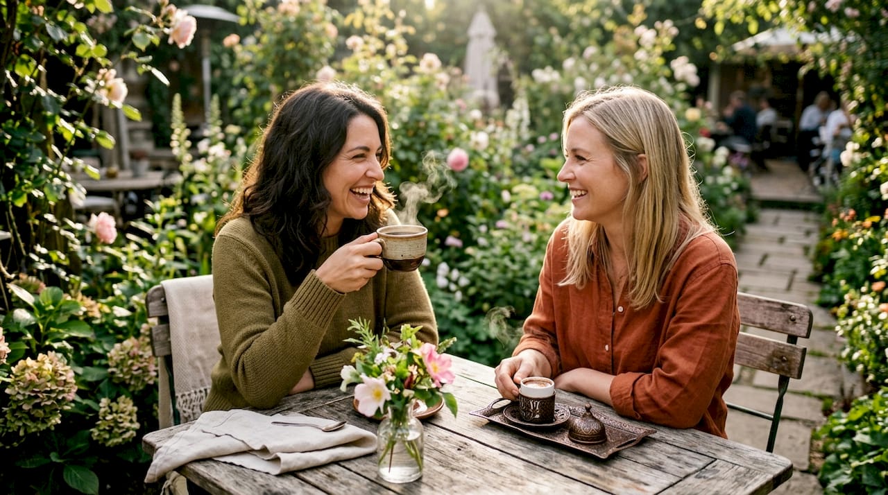 Friends enjoying diverse coffee styles in a busy café