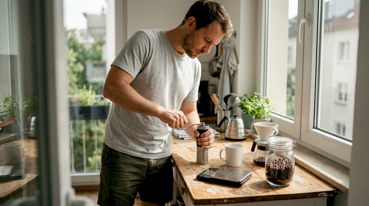 Man grinding coffee beans in home kitchen