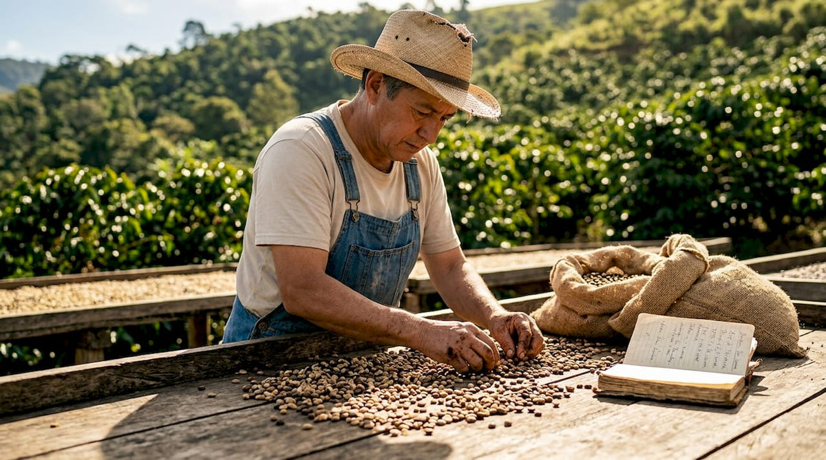 Farmer hand-sorting micro-lot coffee beans