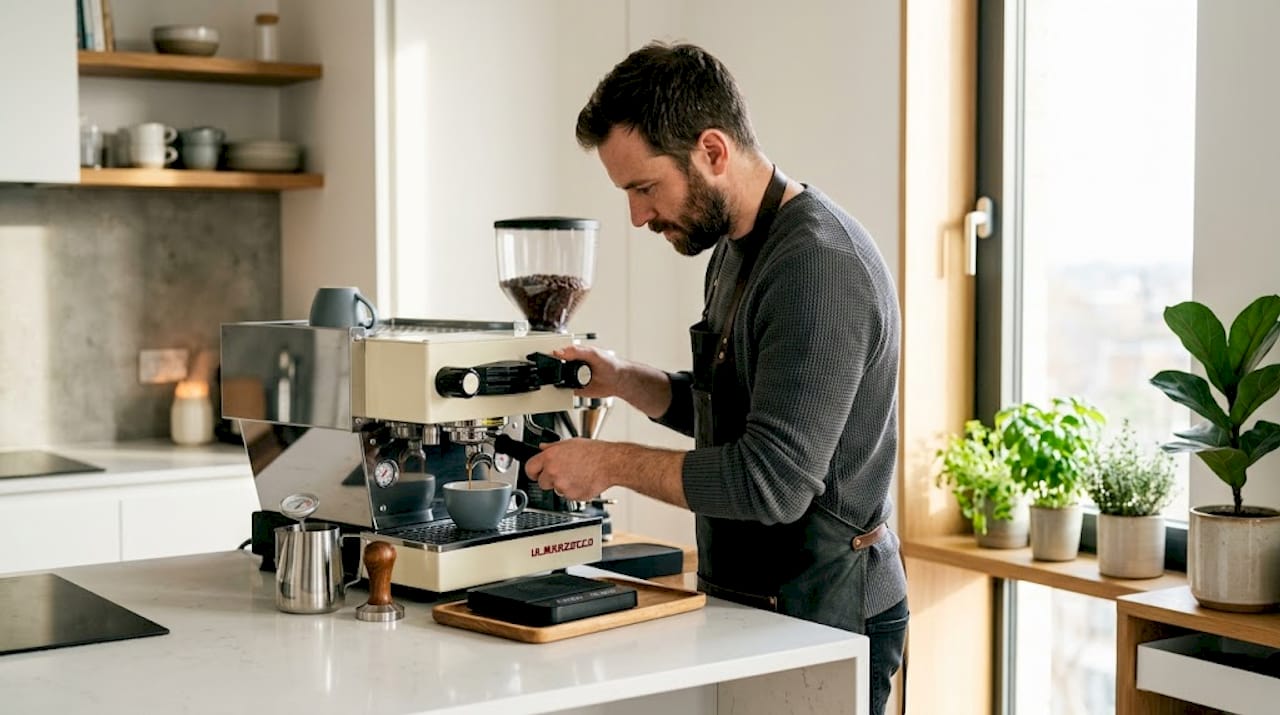 Man preparing espresso in sunlit kitchen