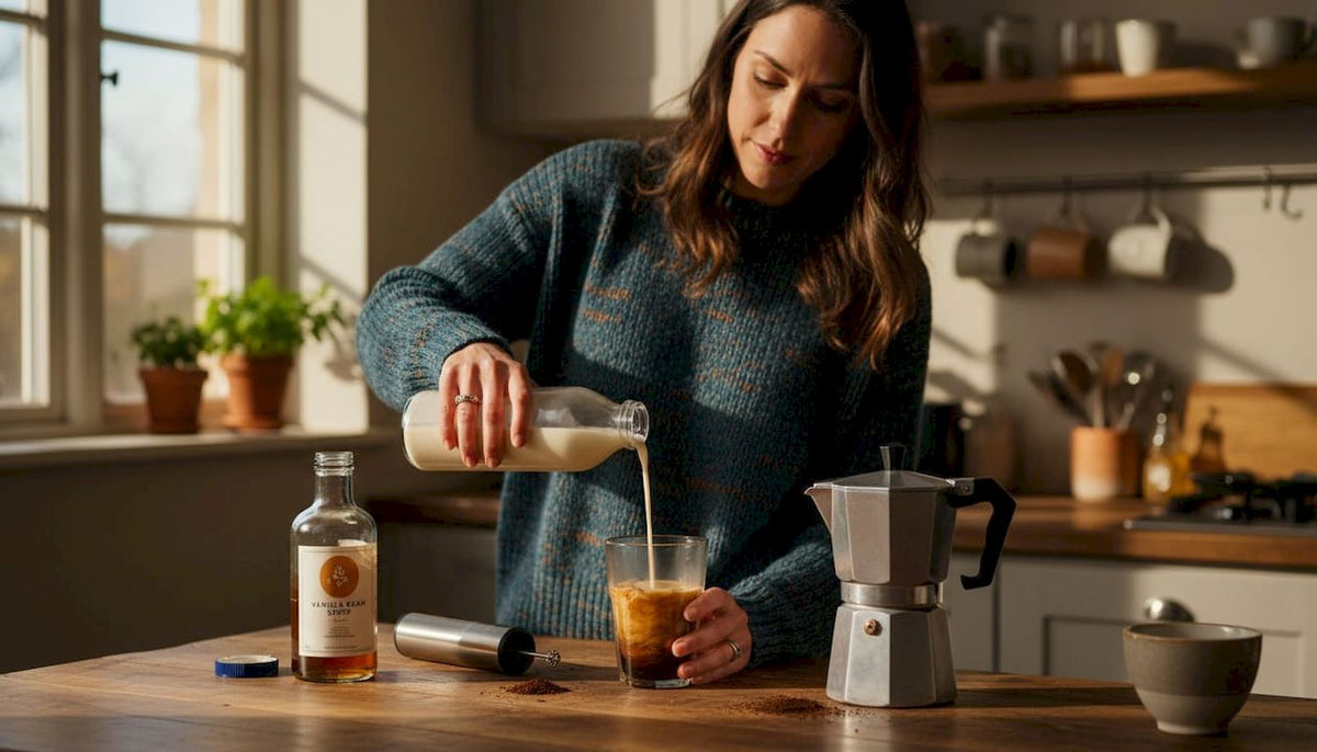 Woman preparing flavored coffee in cozy kitchen