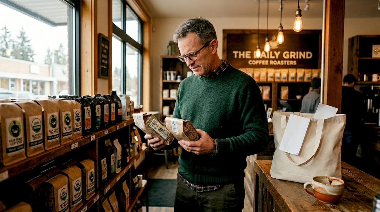 Shopper examining certified coffee bags on shelf