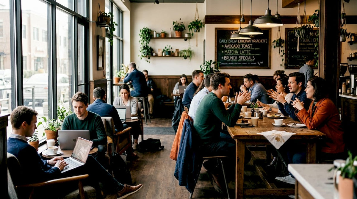 Coffee shop with mixed seating and active customers