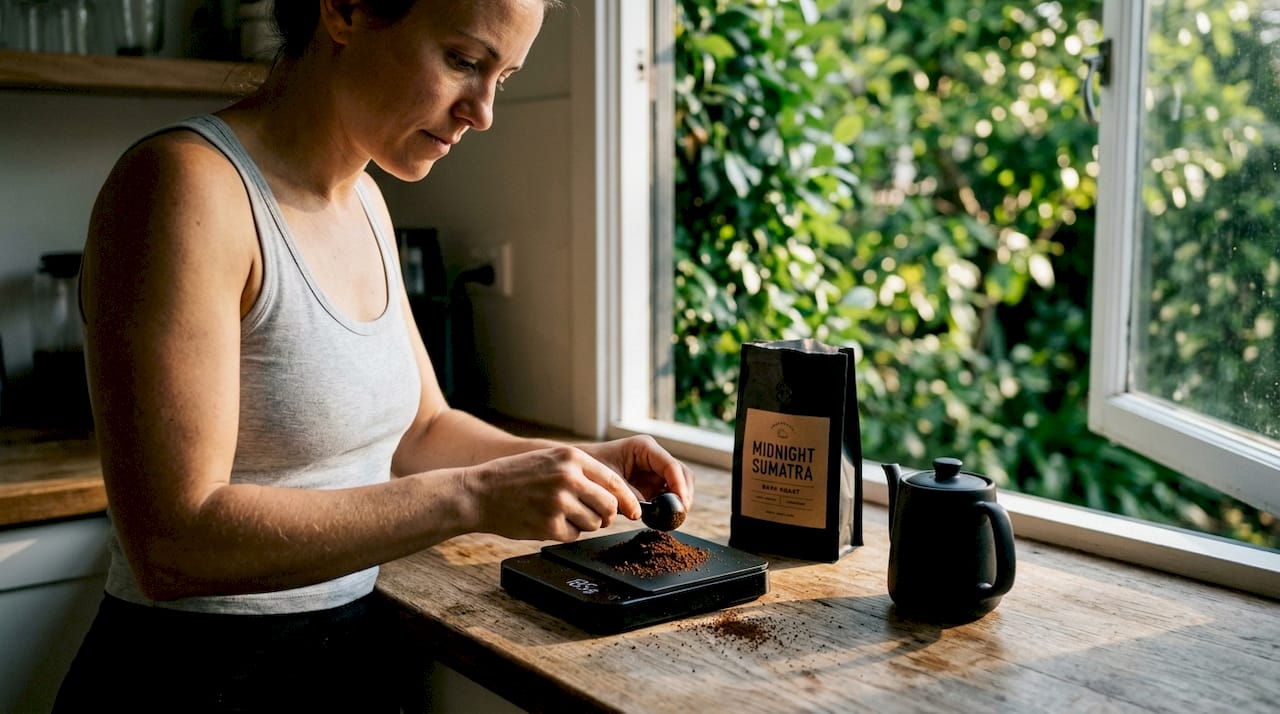 Woman weighing coffee with digital scale