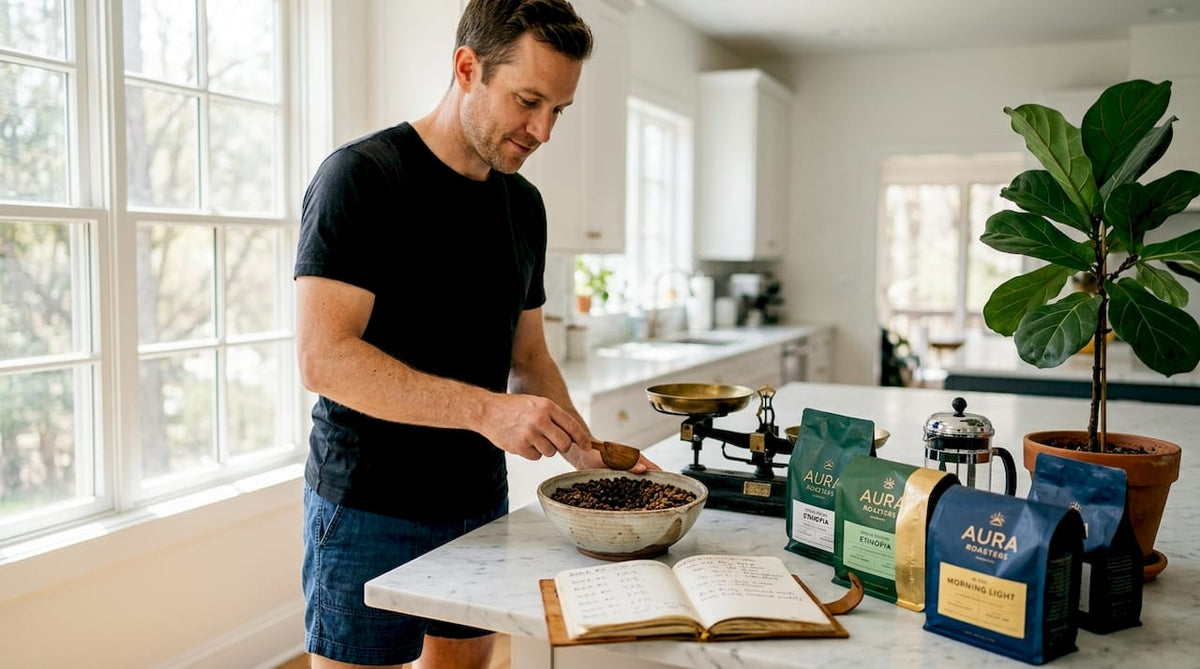 Man blending coffee beans in kitchen