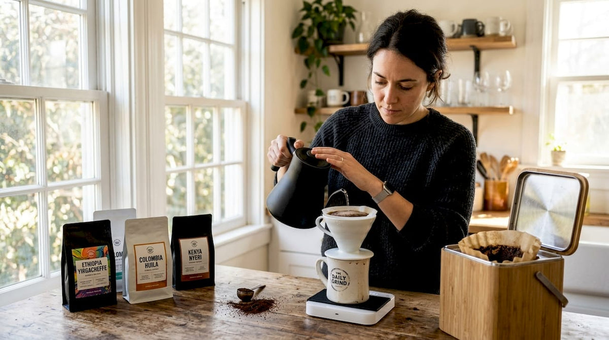 Woman brews coffee in bright kitchen scene