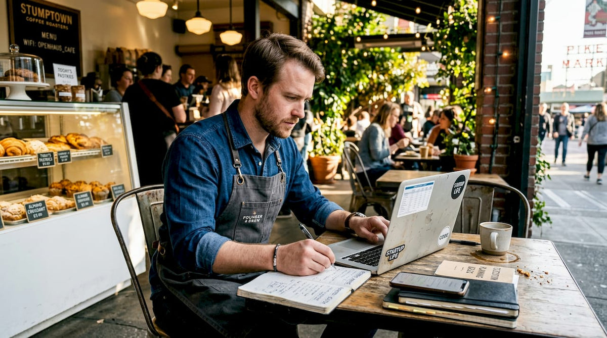 Entrepreneur planning coffee business in busy café