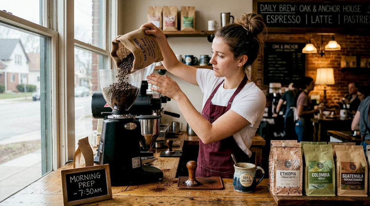 Barista preparing specialty coffee at café counter