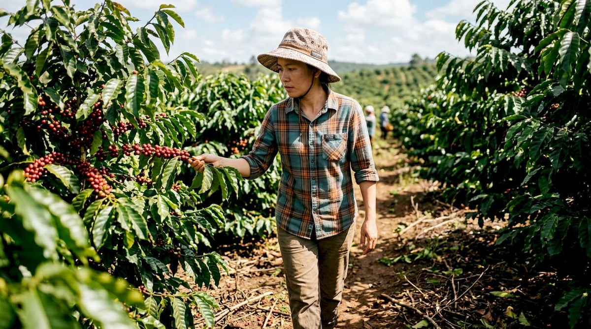 Worker inspecting robusta coffee plants