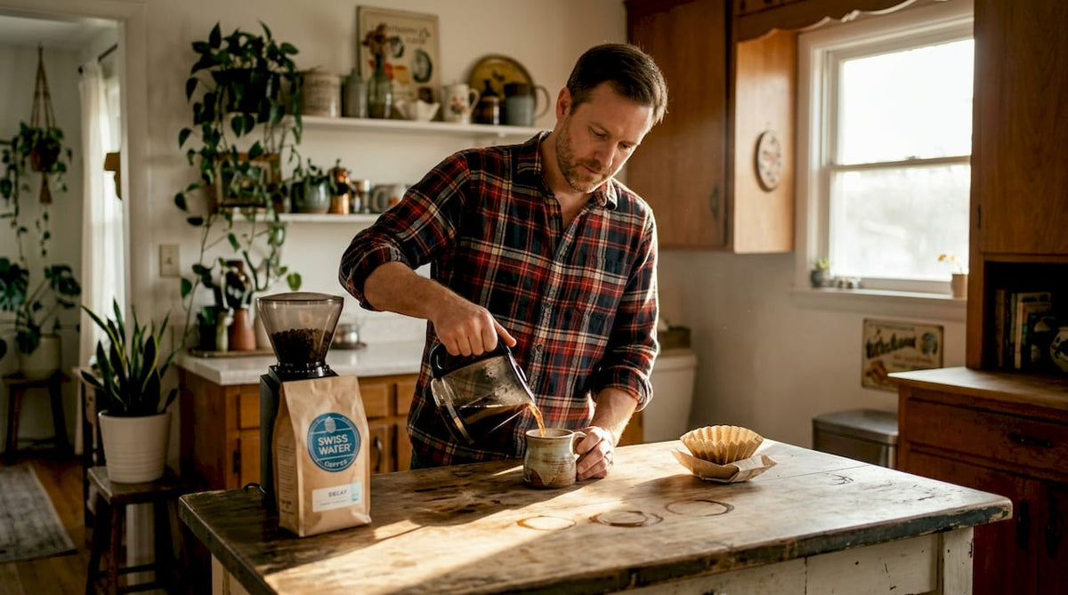 Man pouring decaf coffee at kitchen counter