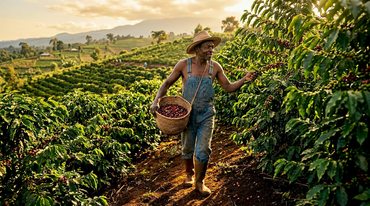 Coffee farmer harvesting peaberry beans outdoors