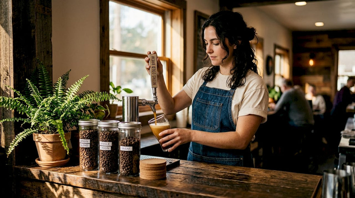 Barista pouring nitro coffee from tap