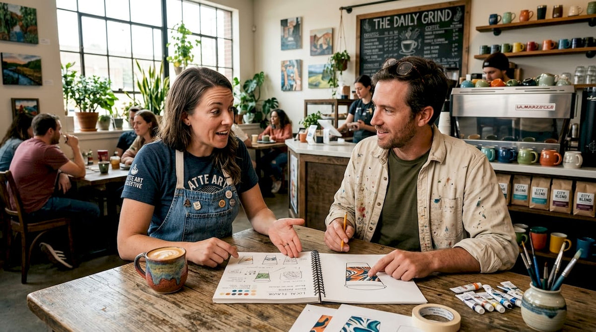 Barista and artist planning coffee shop collaboration