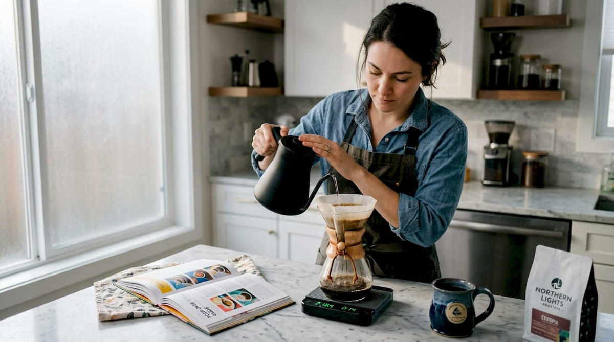 Home barista preparing pour-over coffee at kitchen counter