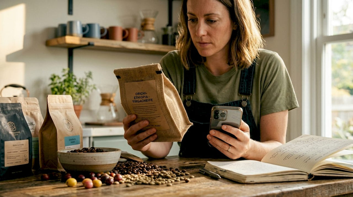 Woman reviewing coffee options in kitchen