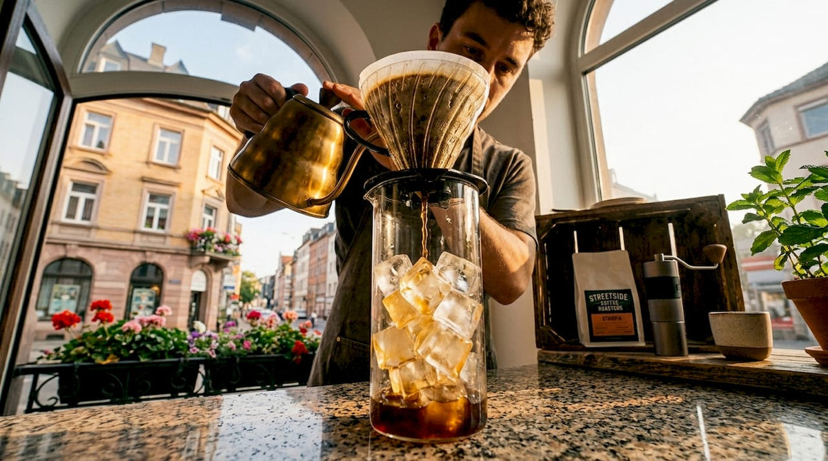 Barista pouring hot coffee over ice for flash brew