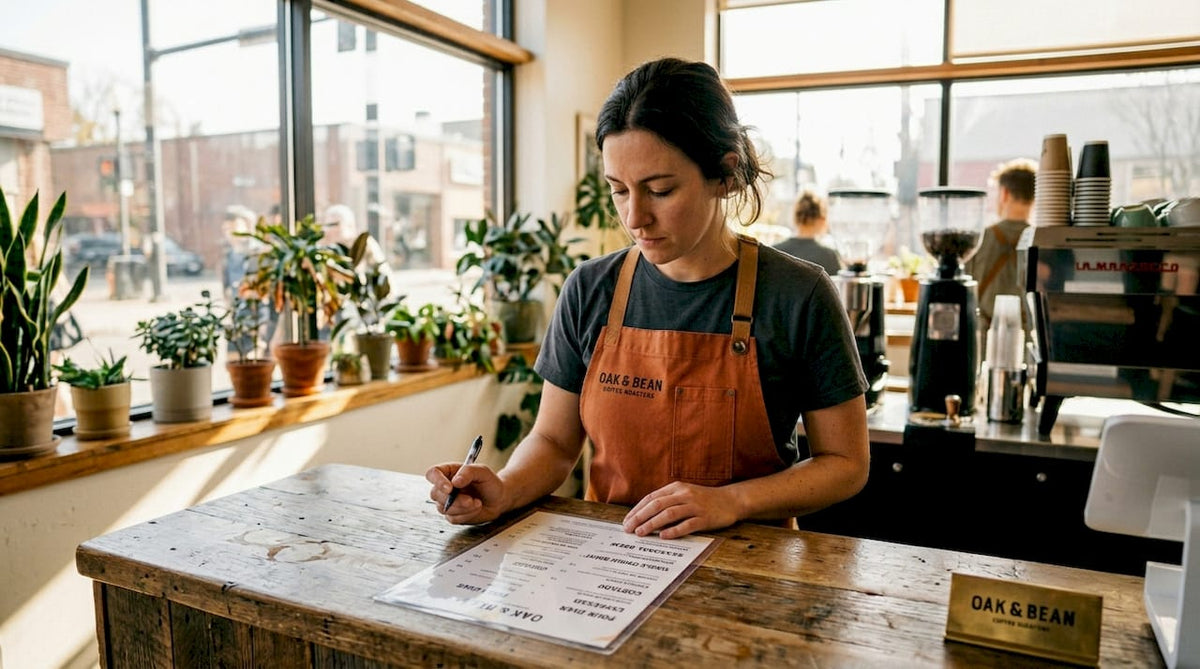Barista planning coffee menu in cozy shop