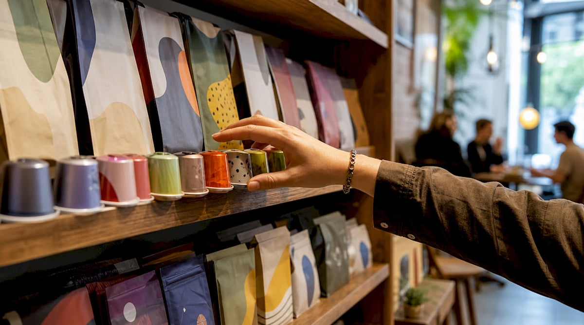 Hand selecting single serve coffee pods in café