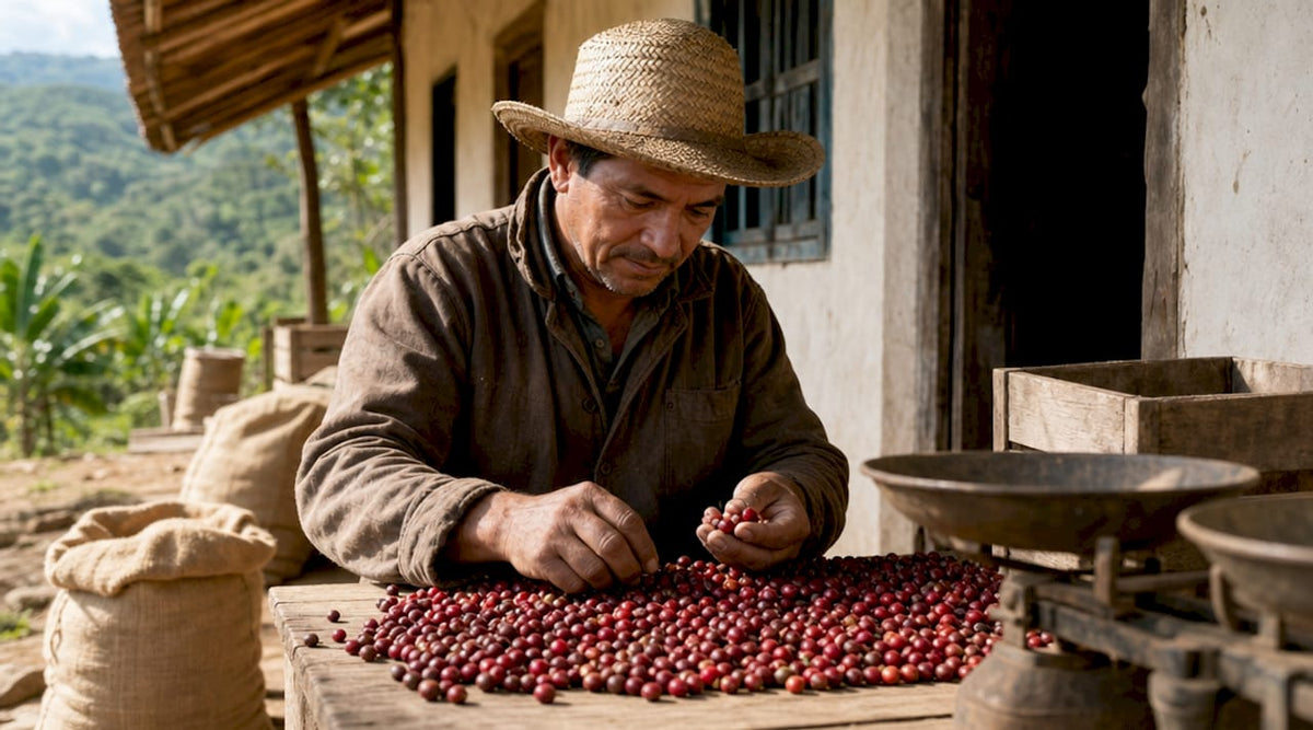 Coffee producer sorting ripe cherries on farm