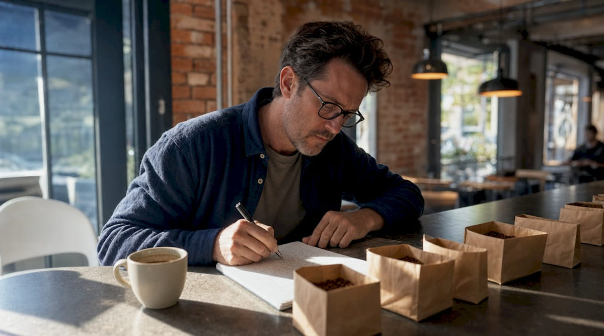 Man tasting coffee samples at kitchen table