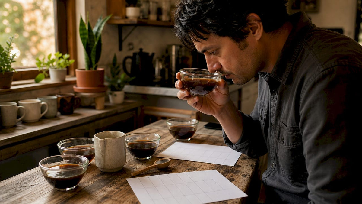 Coffee taster smelling coffee aroma