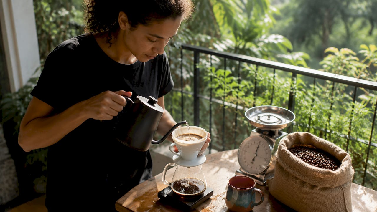 Person brewing organic coffee in home kitchen