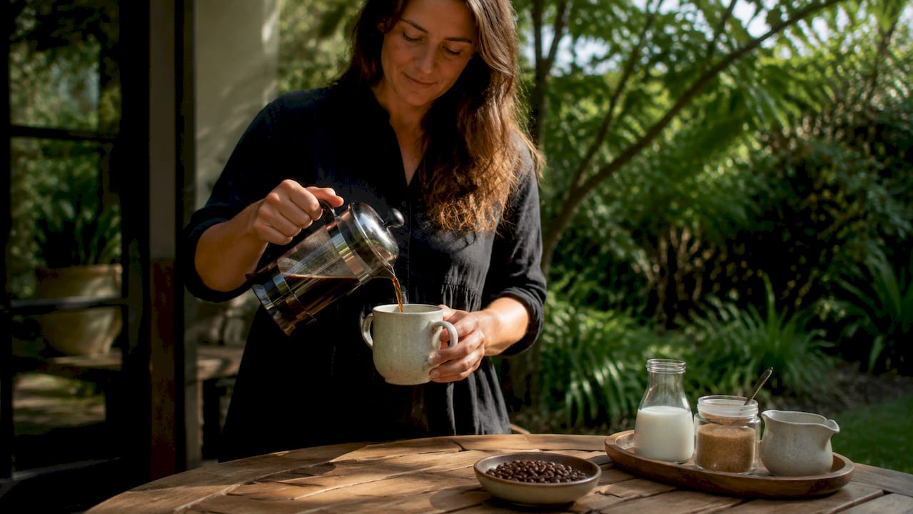 Woman pouring coffee from French Press in kitchen