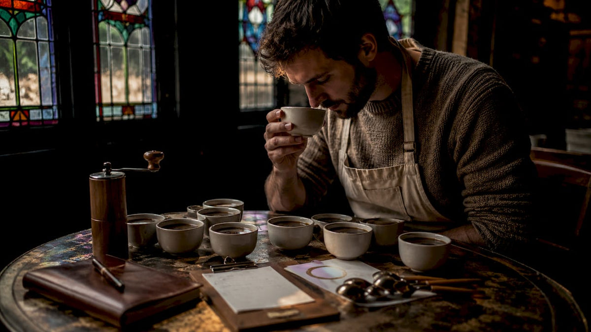 Barista tasting boutique coffee at wooden table