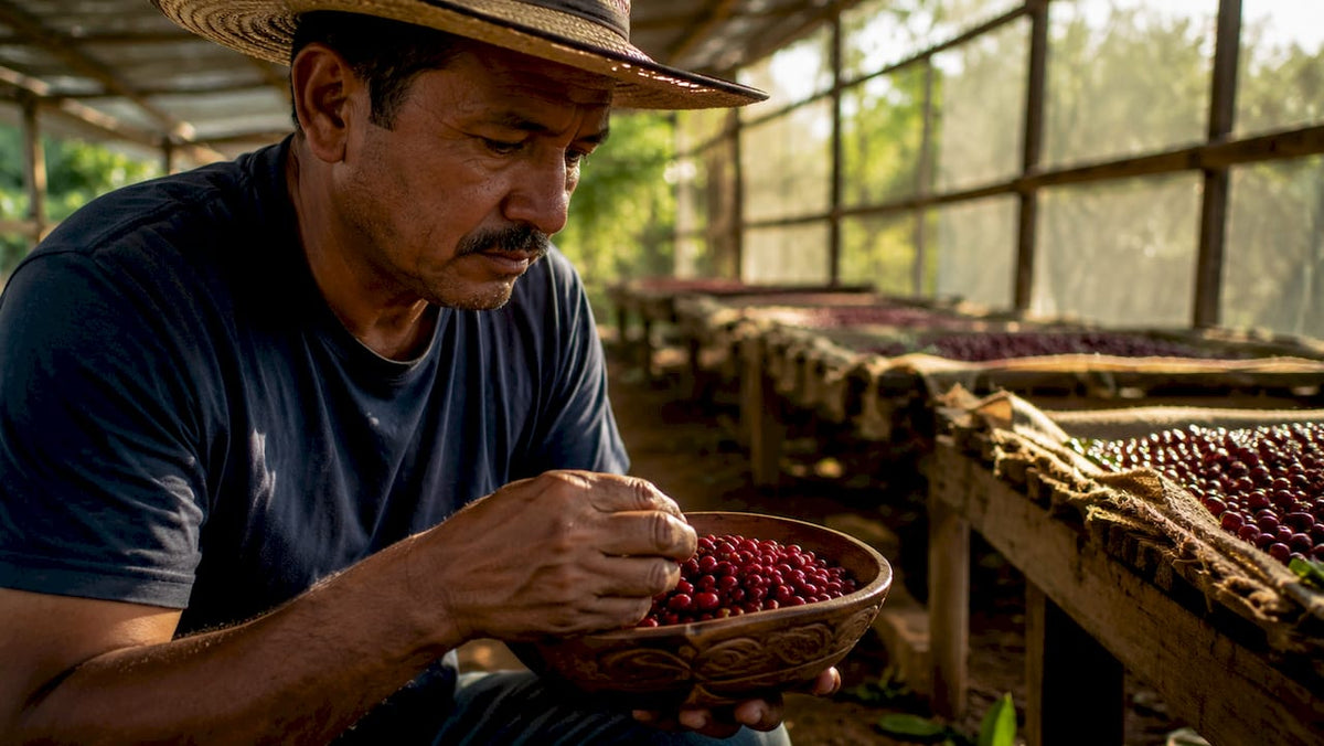 Coffee roaster inspecting fresh coffee cherries