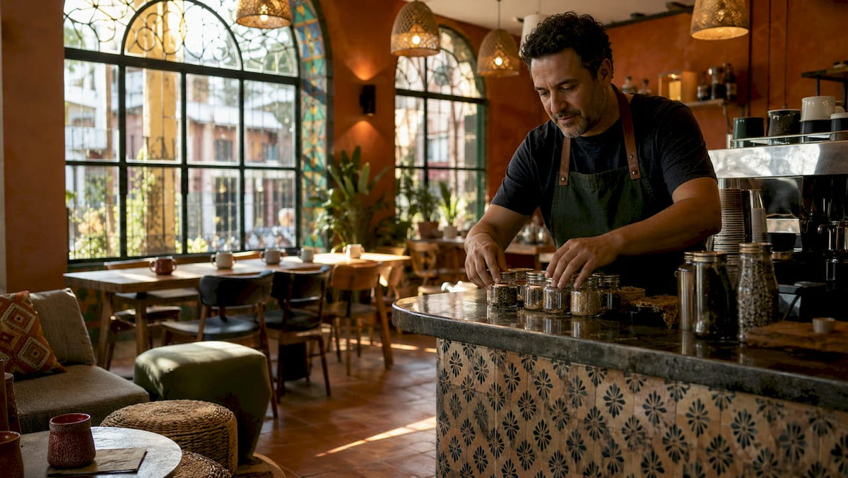Barista adjusting warm lighting in coffee shop