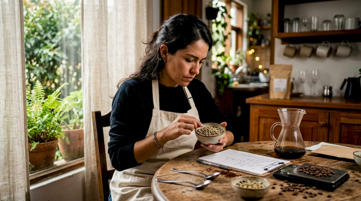 Woman examining green coffee beans for scoring