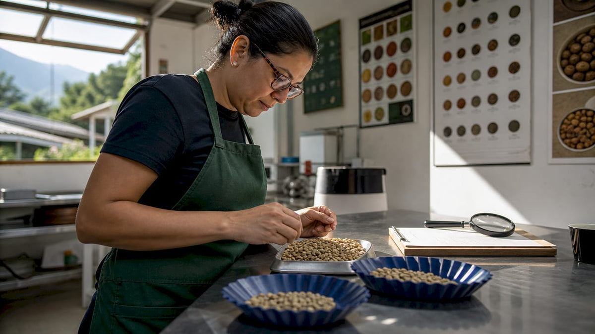 Technician sorting green coffee beans at quality control table