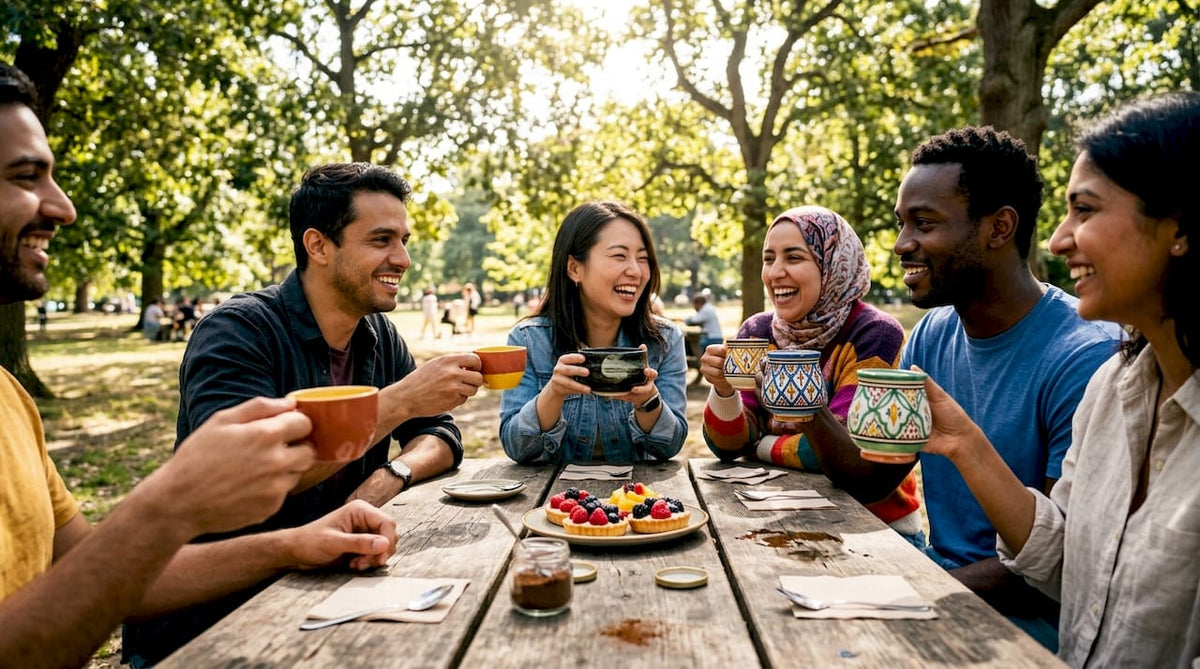 Diverse group sharing global coffee ritual outdoors