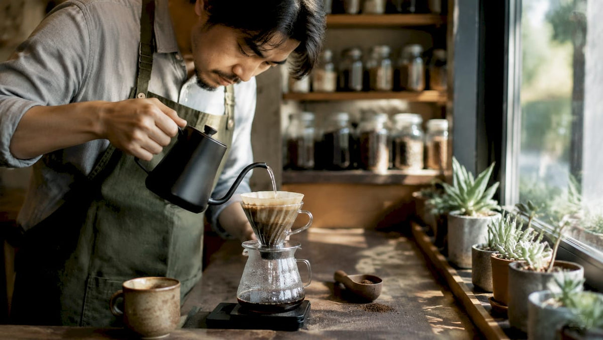 Barista brewing coffee with pour-over method in kitchen
