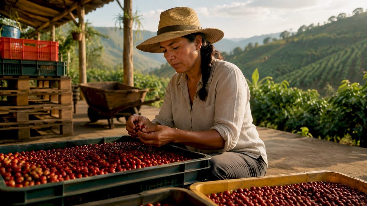 Coffee farmer inspecting cherries during fermentation