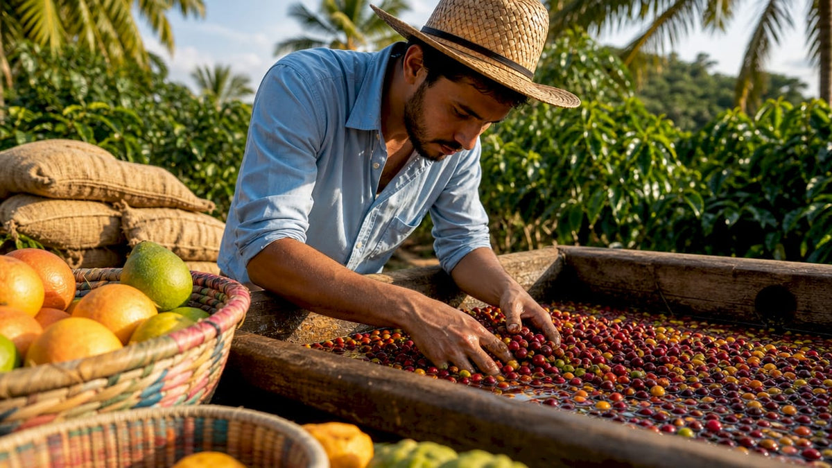 Coffee farmer inspecting co-fermented coffee cherries