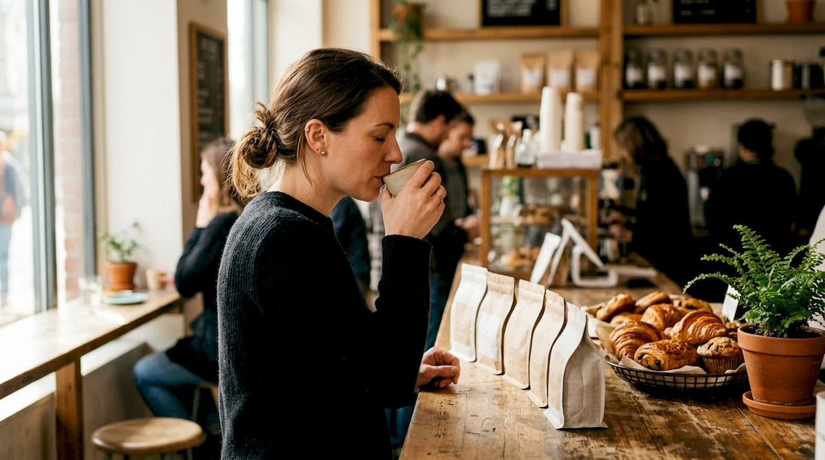 Woman tasting and comparing coffee samples at kitchen table