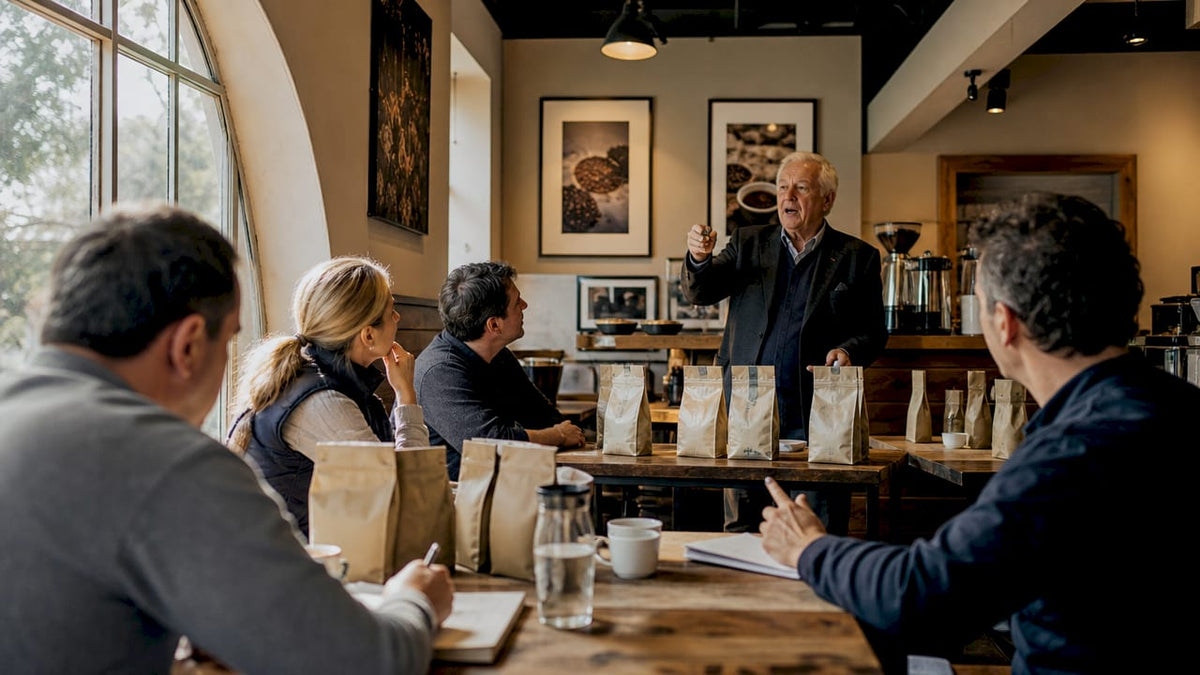 Auctioneer at coffee auction podium calling bids