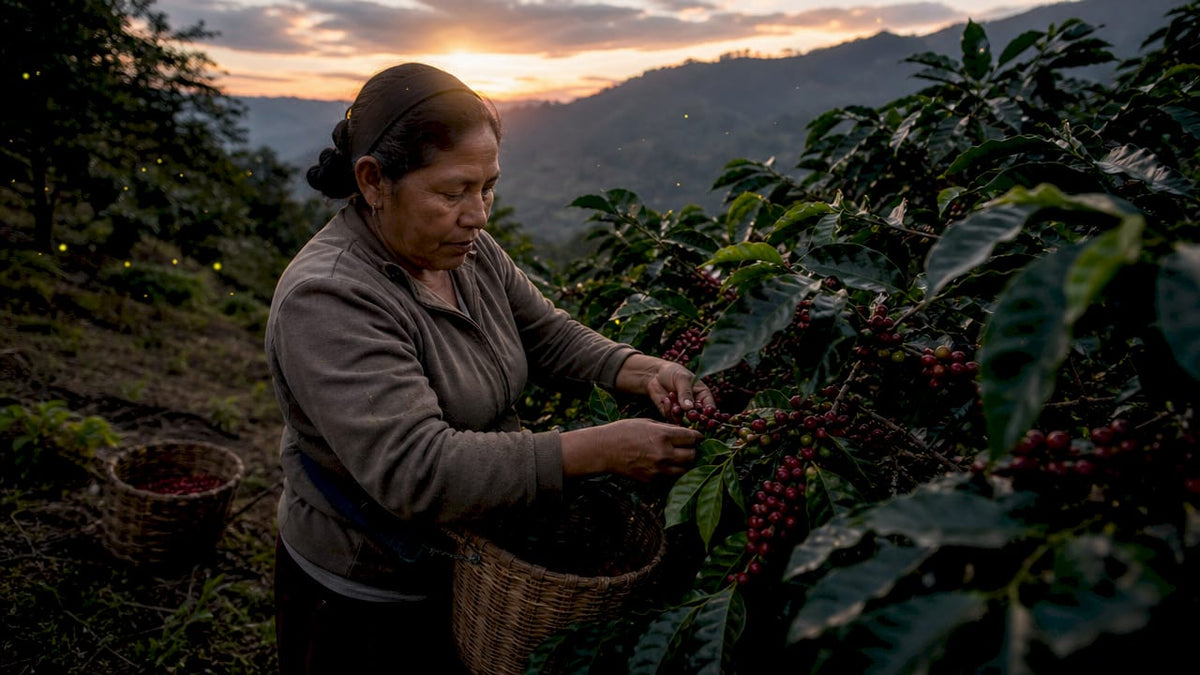 Woman handpicking ripe coffee cherries on farm