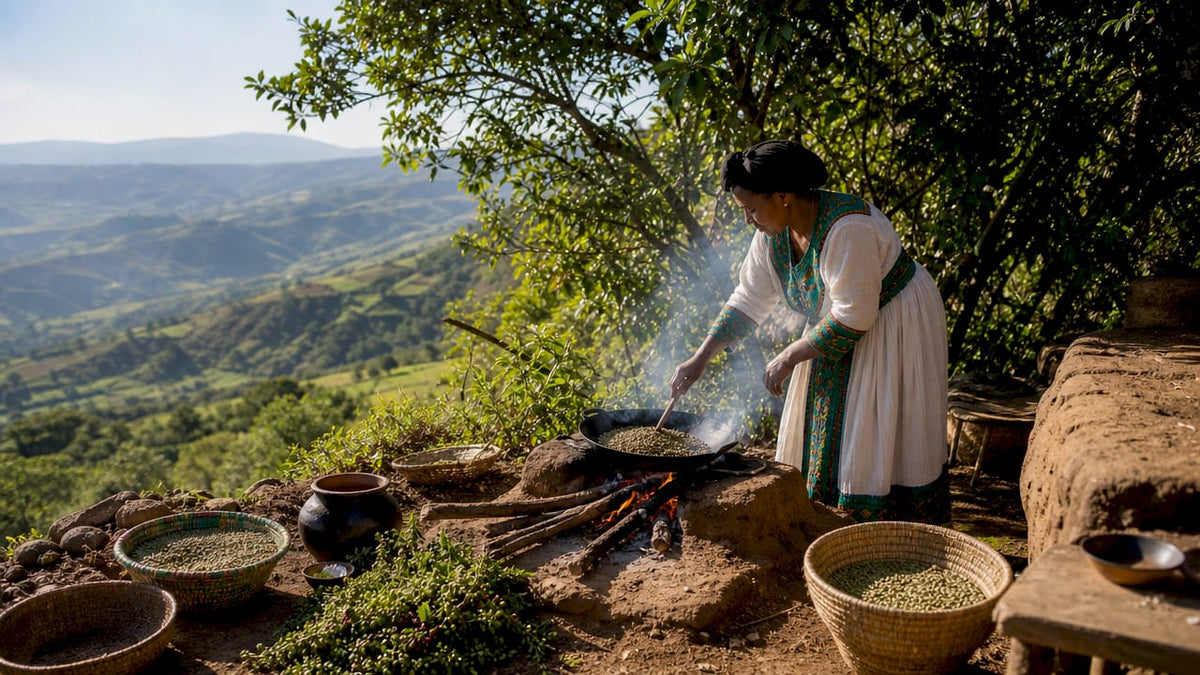 Ethiopian woman roasting coffee beans outdoors