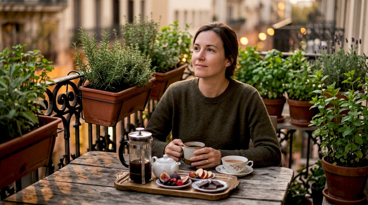 Woman tasting coffee and tea at home kitchen table