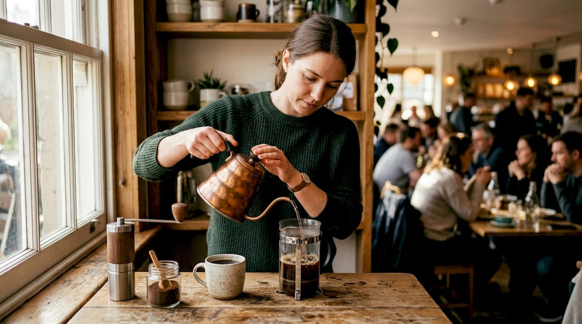 Woman decaffeinating coffee with French press