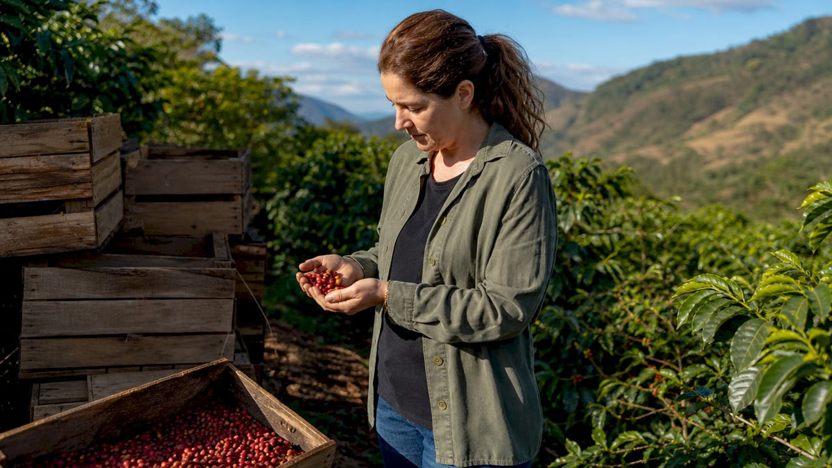 Specialty coffee roaster inspecting coffee cherries at farm