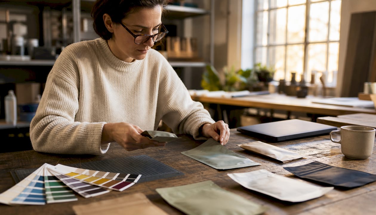 Designer sorting recyclable coffee packaging samples