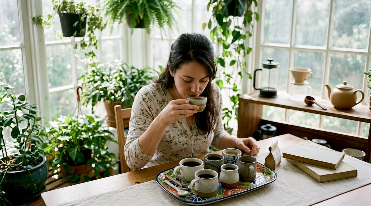 Woman tasting coffee to match mood