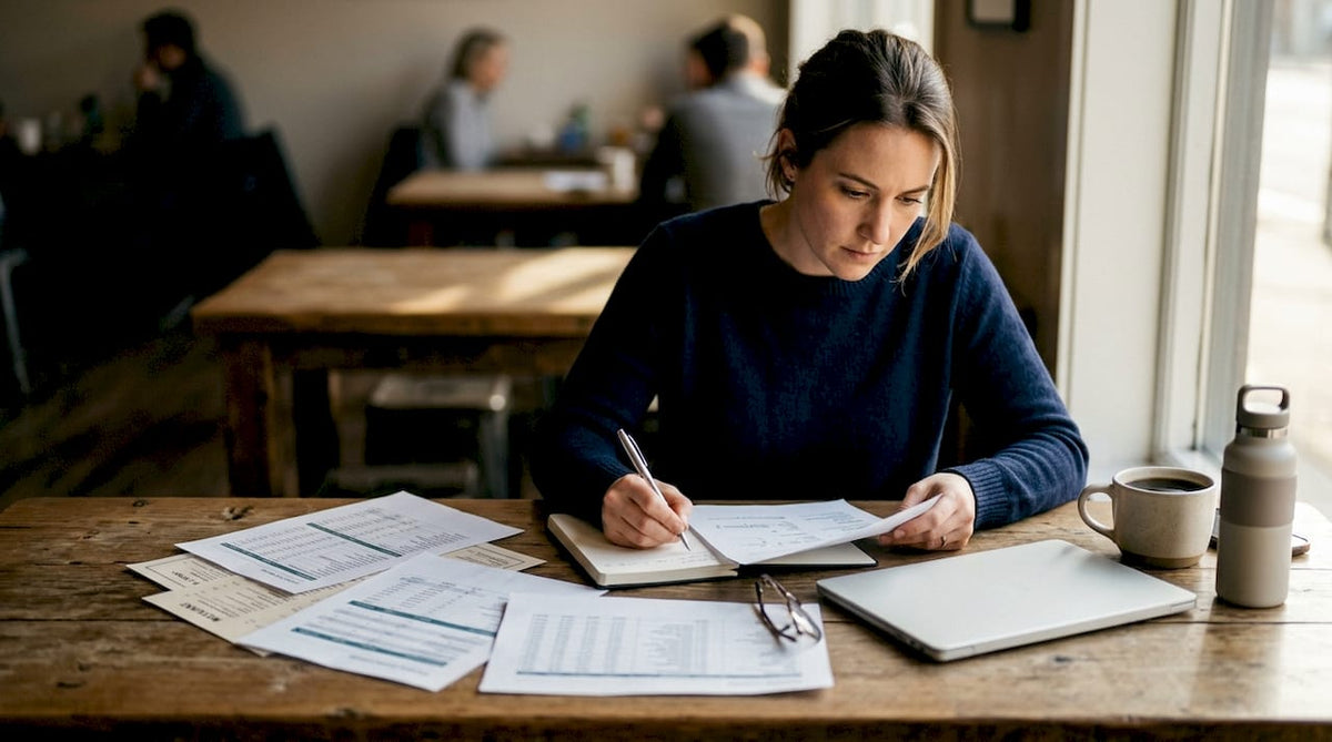 Woman researching marketplace alternatives at coworking table