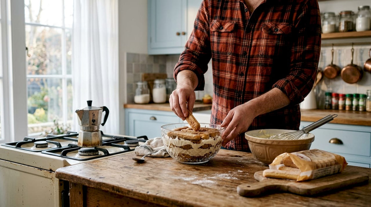 Hands layering tiramisu in a home kitchen
