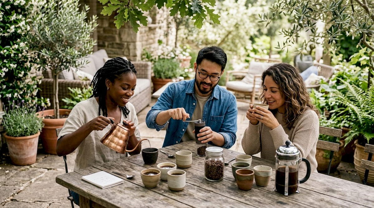 People preparing coffee tasting at home kitchen