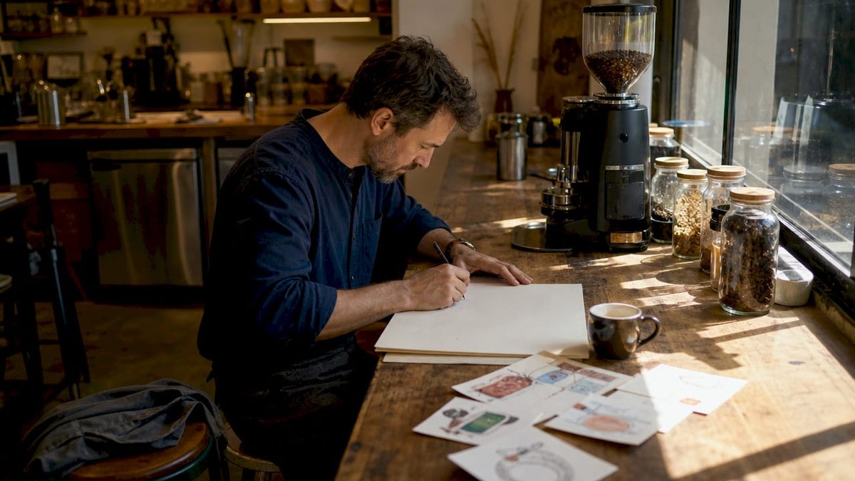Coffee shop owner designing menu workflow